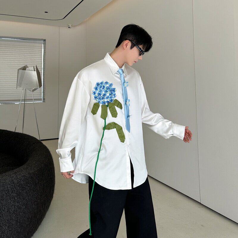 小众设计师立体蓝绣球花朵长袖衬衫男时尚垂坠感丝滑舞台演出衬衣