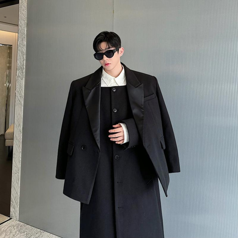 秋冬款设计师呢料拼接醋酸领双排吸烟西装外套男痞帅高级感西服潮