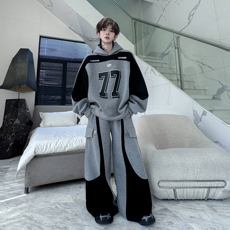 美式高街cleanfit撞色连帽卫衣套装男潮牌运动休闲高级感阔腿长裤