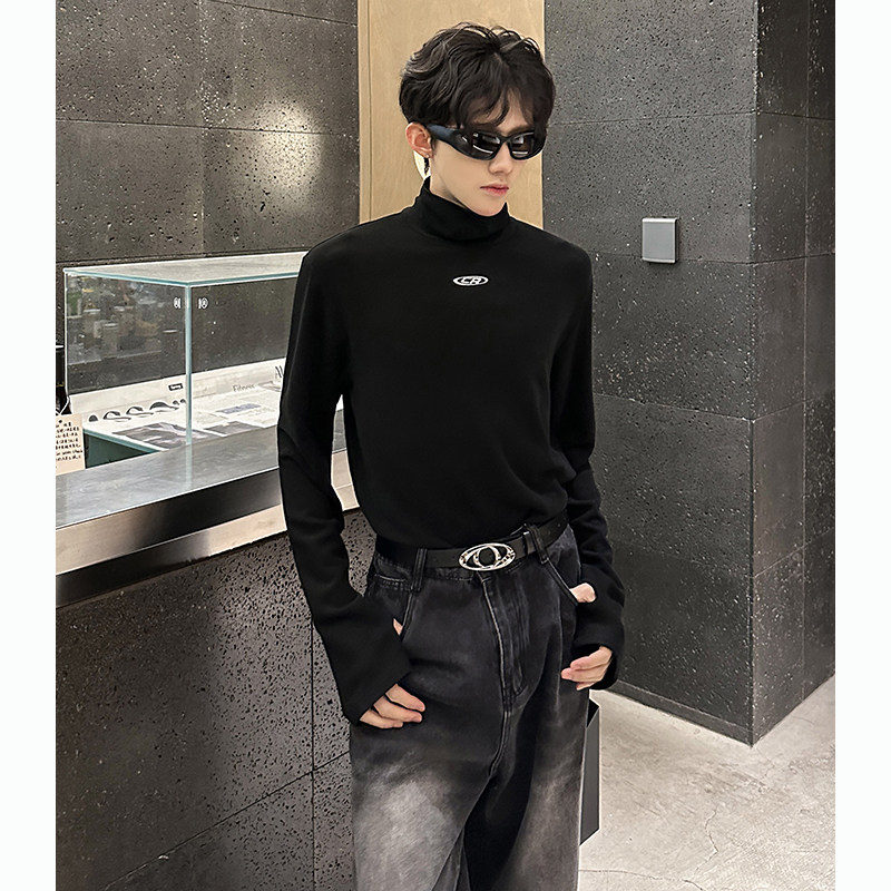 秋冬半高领美式长袖t恤男潮牌高级感痞帅黑色cleanfit内搭打底衫