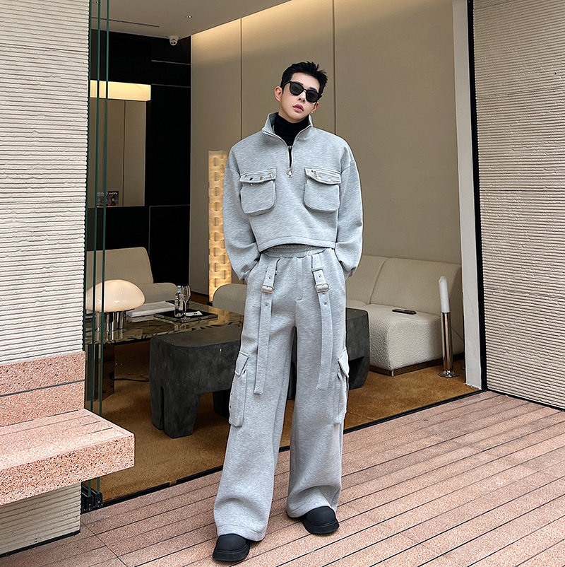 가을 겨울 입체 포켓 반지퍼 공기층 스탠드 칼라 짧은 스웨트 셔츠 남성 정장 캐주얼 와이드 팬츠 투피스 세트