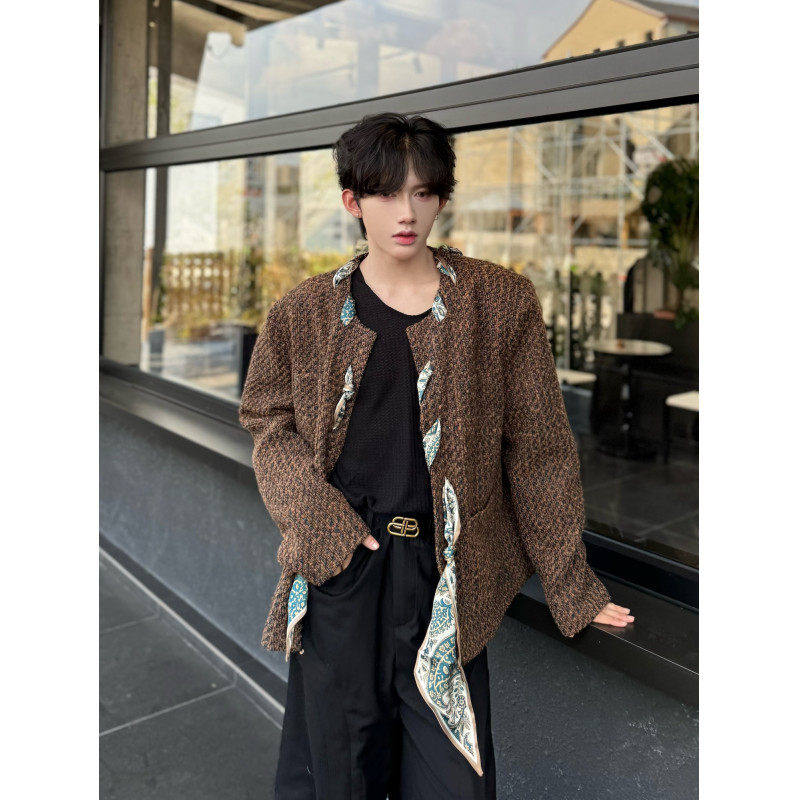 秋冬复古咖色毛呢短款外套男气质轻奢高级感痞帅丝巾装饰香风夹克