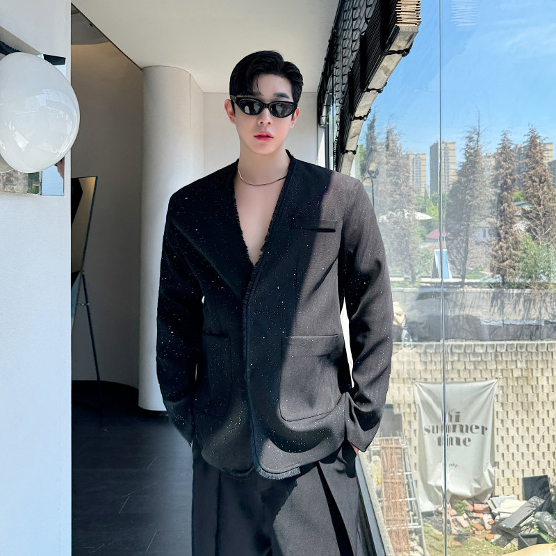 小众亮钻毛边设计感禁欲系V领西装香风外套男雅痞高级感痞帅西服