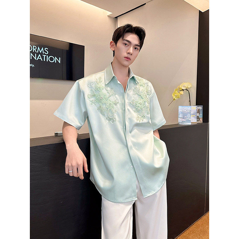 夏季时尚洋气宫廷风缎面珍珠刺绣提花翻领短袖衬衣男设计感衬衫潮