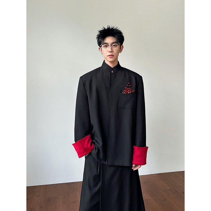 新中式国风休闲宽松西服外套男设计感红色拼色设计感立领礼服西装