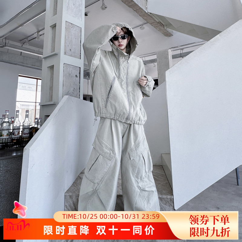 美式复古高街头连帽开衫运动夹克外套男大口袋阔腿工装长裤套装潮