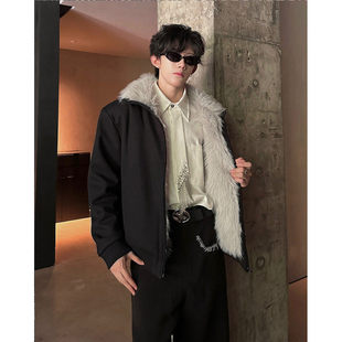 冬装仿貂毛加绒保暖皮草风衣外套男高级感痞帅立领加厚棉衣夹克潮