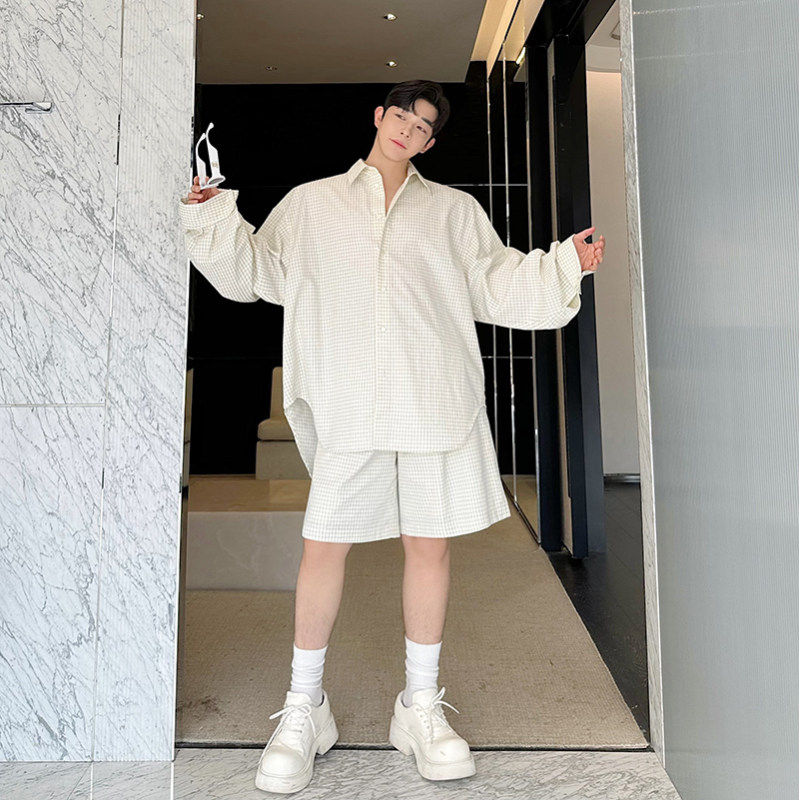 24SS 초가을 디자인 수직 컷 오버 사이즈 프로필 체크 무늬 셔츠 정장 남성 반바지 게으른 스타일 투피스 트렌디 세트
