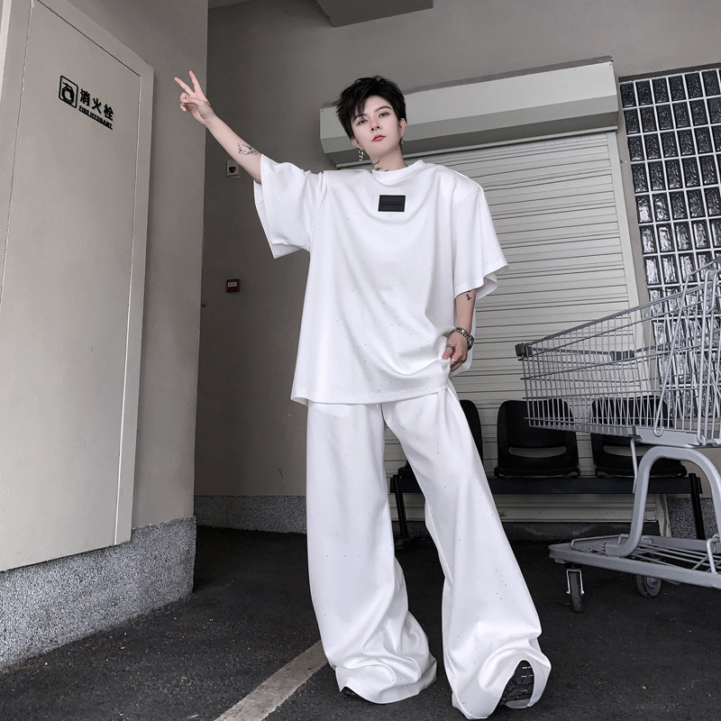 여름 아메리칸 스트리트 스팽글 디자인 반팔 티셔츠 남성 정장 루즈한 와이드 레그 바닥 길이 바지 투피스 트렌디 세트