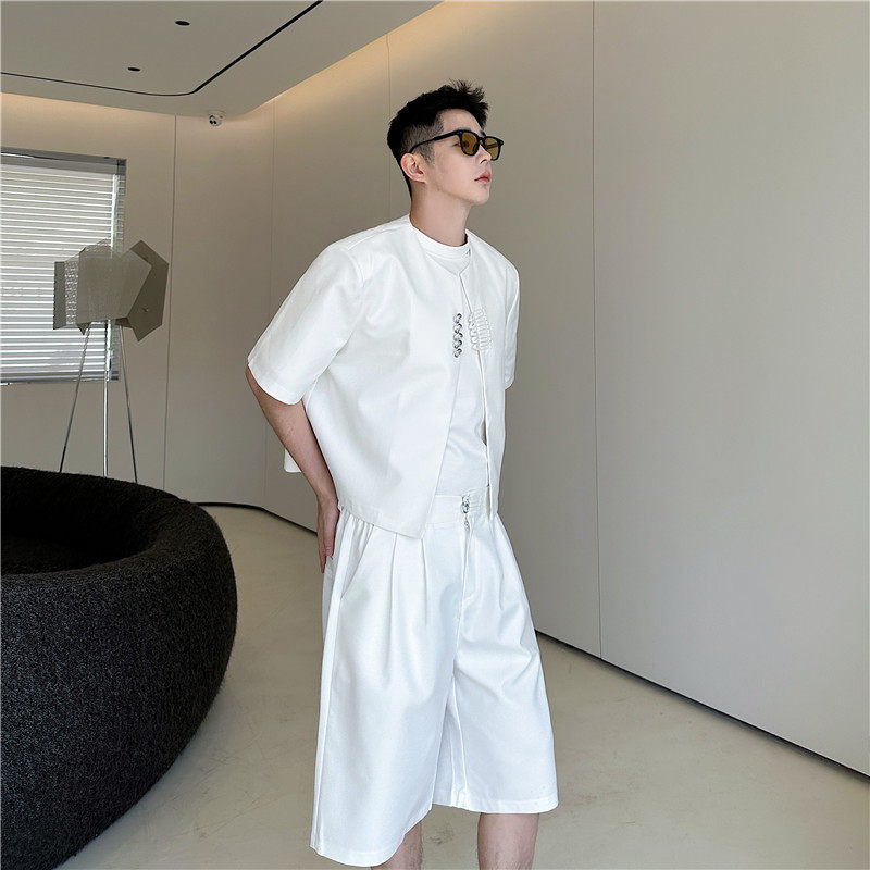 夏季休闲新中式短袖夹克外套男短款上衣帅气高级感盘扣短裤两件套