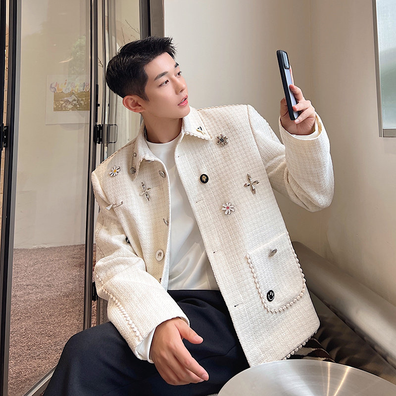 秋装设计感轻奢小香风重工粗纺DIY胸针夹克外套男女韩版洋气网红,男装,夹克,淘宝优惠券,粉丝福利购,淘宝优惠卷