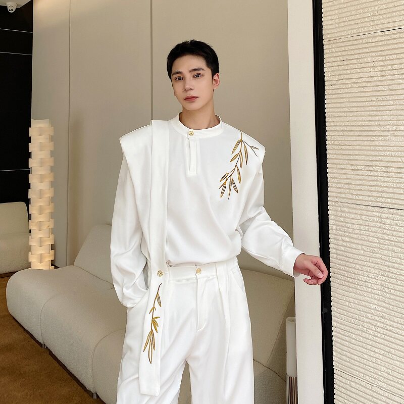 가을 새로운 중국 스타일 대나무 잎 자수 디자인 틈새 잘 생긴 셔츠 남성 정장 스탠드 칼라 하이 엔드 스트레이트 바지