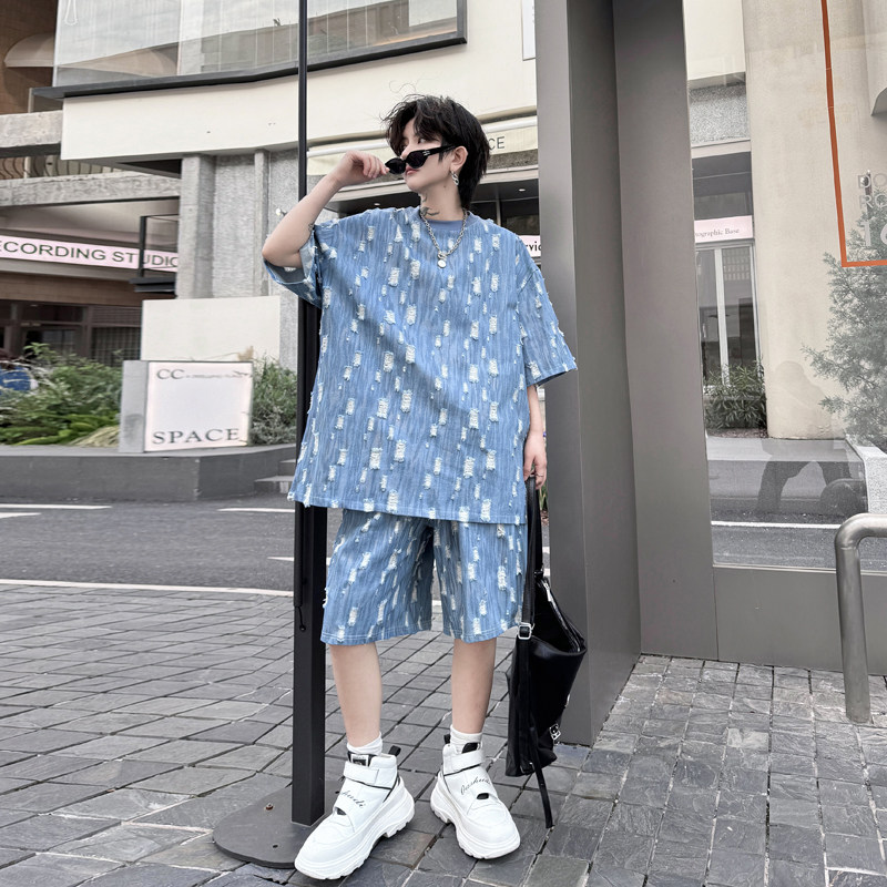 여름 한복 트렌디 브랜드 착용 데님 반팔 티셔츠 남성 정장 디자인 잘 생긴 스트레이트 반바지 투피스 세트