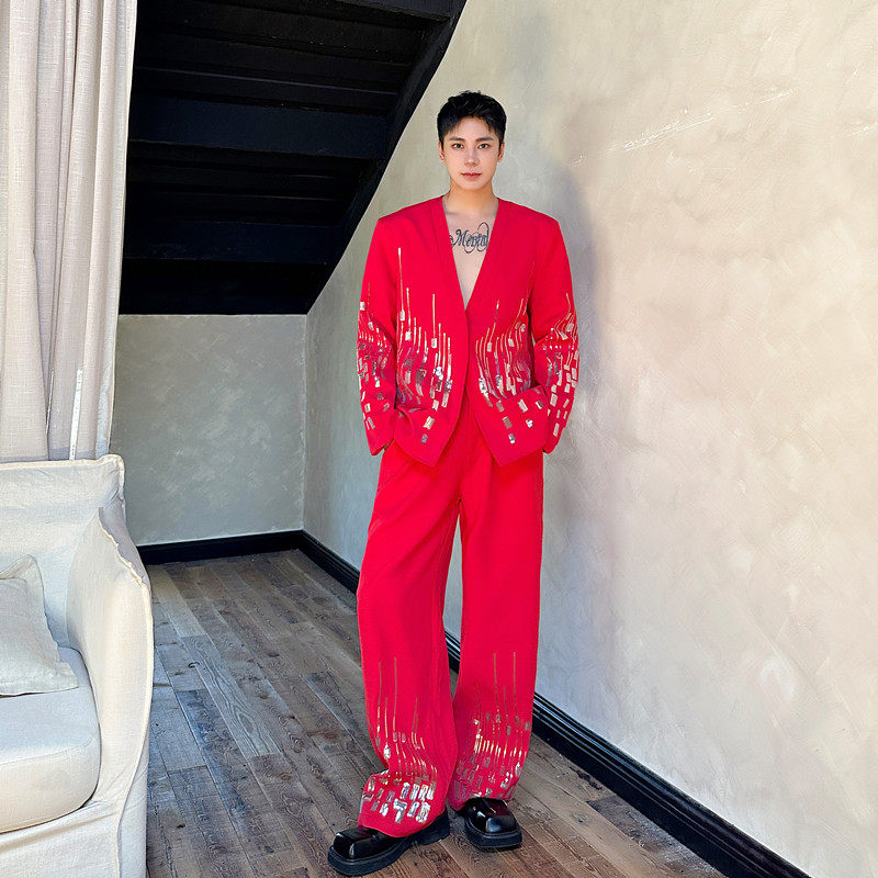 小众重工刺绣亮片大V领时尚西服套装雅痞炸街直筒西裤演出舞台装