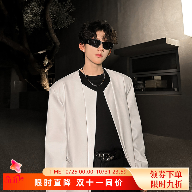 韩版简约风纯色气质网红小西装外套无领开衫休闲白色垫肩西服夹克