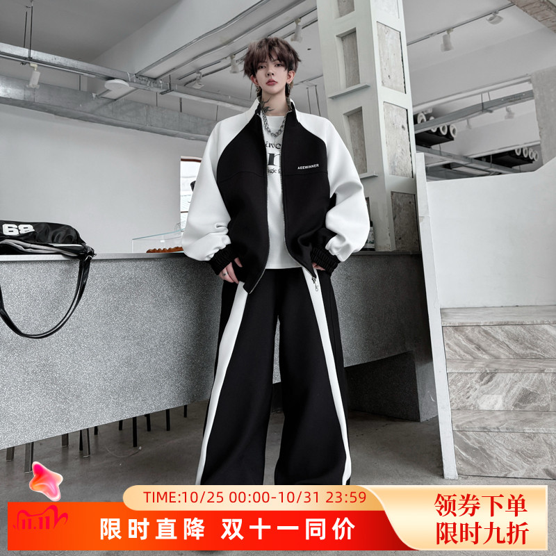 美式拼色运动开衫夹克外套男潮牌痞帅休闲机车弯刀长裤穿搭两件套