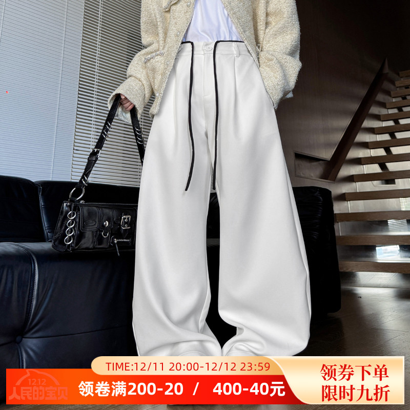 2025秋季小众织带腰绳装饰阔腿裤男垂感百搭休闲直筒弯刀拖地长裤