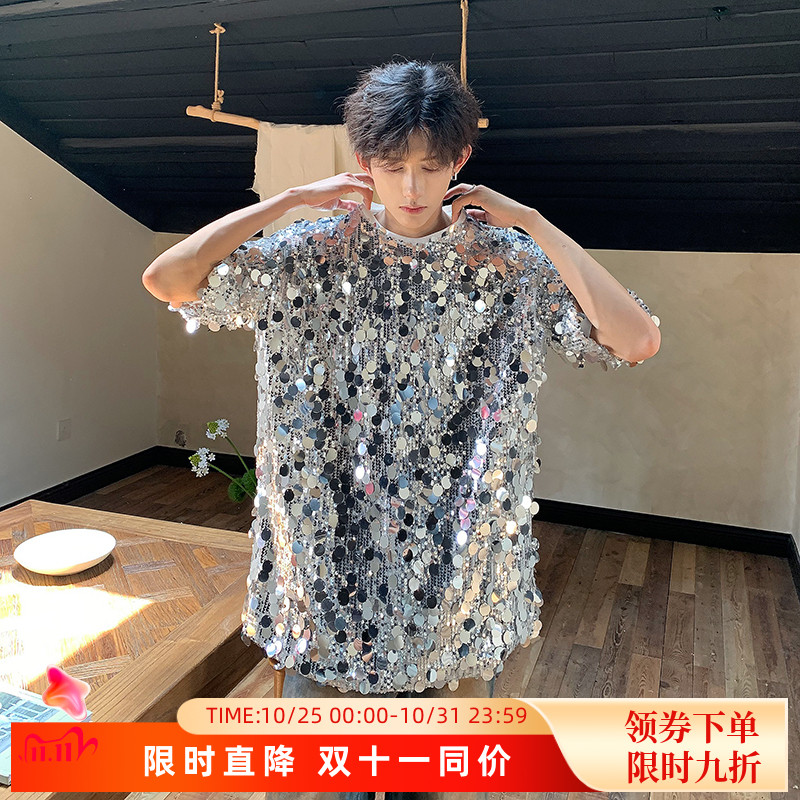演出歌手ins大亮片炸街舞台短袖T恤男女亮闪闪反光时尚表演系列潮