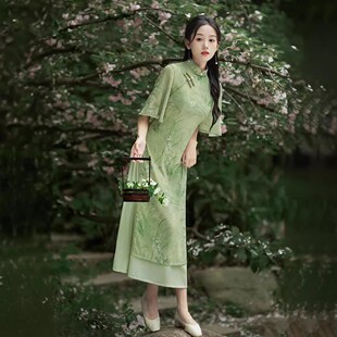 越南奥黛旗袍连衣裙2026年新款春款中国风夏绿色改良送考茶服高考
