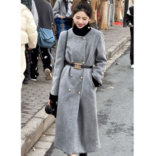 春秋新款 宽松中长款 立领双排扣呢子大衣女 气质时尚 巴黎画报
