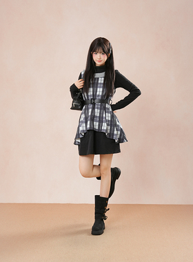 vintage古着套装日系古早感娃娃领格纹连衣裙百搭长袖打底两件套~