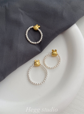 HEGG强光极细温柔进口施家珍珠18k包金十二生肖兔子戒指尾戒女