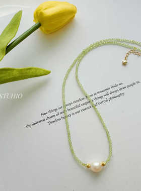 HEGG夏日专属14K包金天然橄榄石项链珍珠不过敏不掉色极细锁骨链