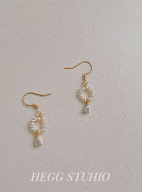 HEGG|珍珠与海 绕线小淡水珍珠海蓝宝锆石耳环小清新气质包金
