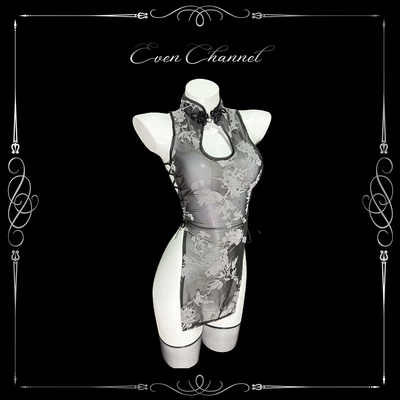 性感镂空两片式植绒印花旗袍制服