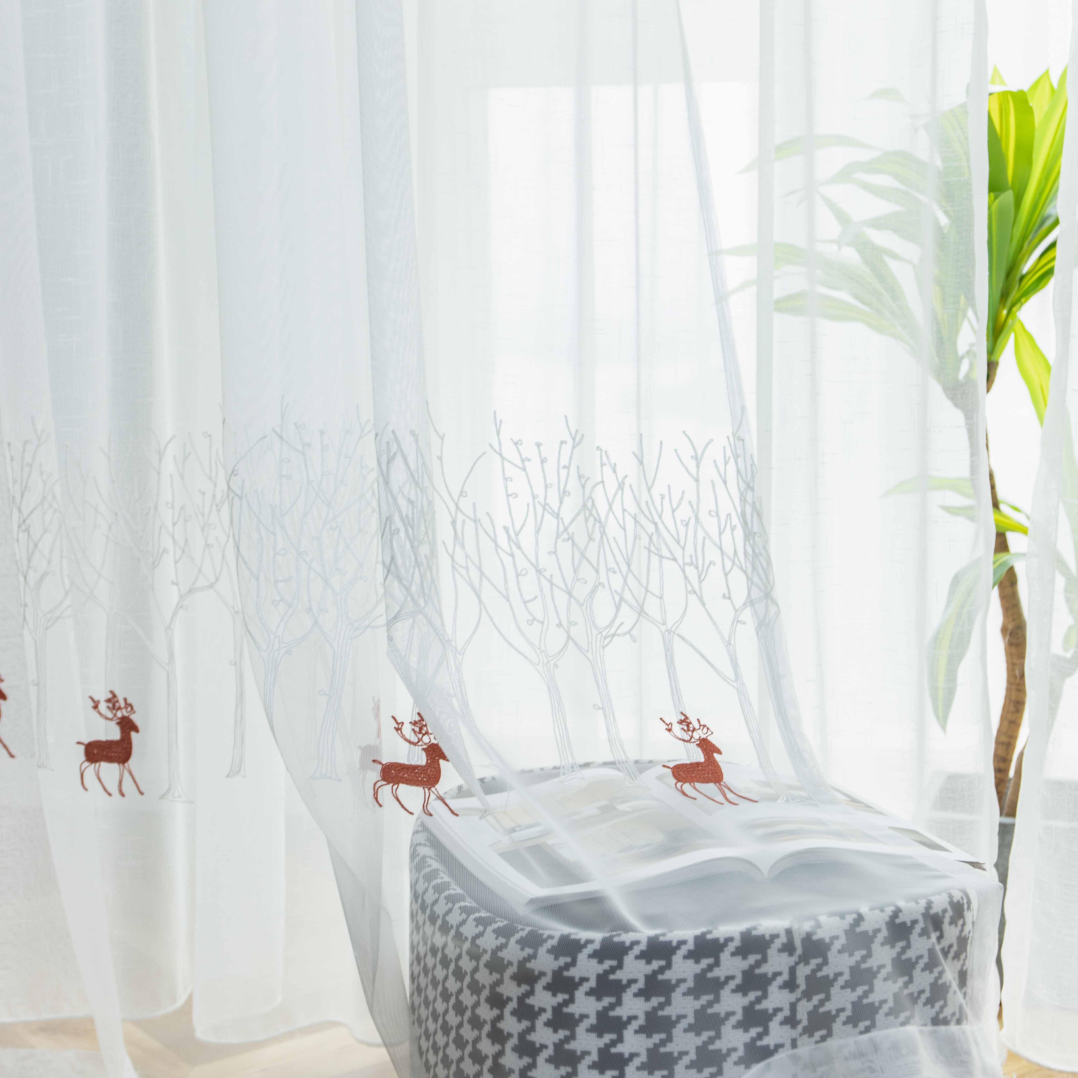 林中小鹿小清新卡通现代简约白色薄纱透光窗帘卧室阳台纱成品纱帘