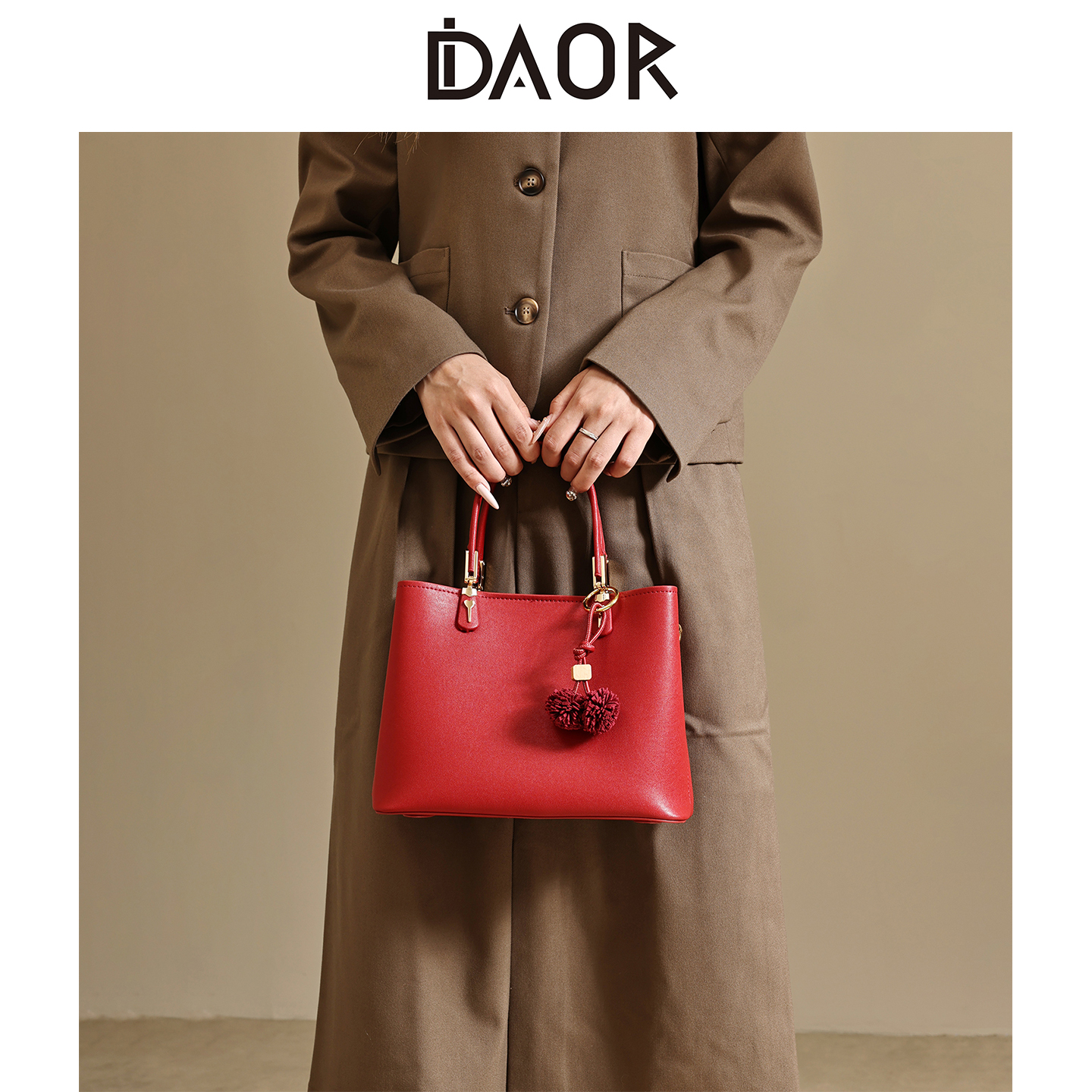 DAOR高级感真皮红色手提包新娘包