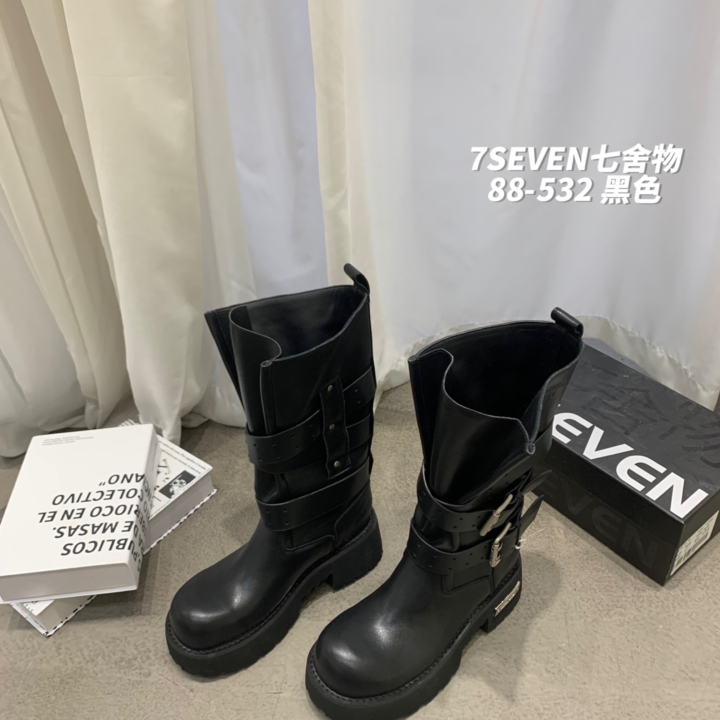 7SEVEN欧洲站2025新款真皮时尚百搭休闲女靴厚底中筒靴圆头皮带扣