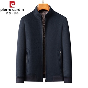 皮尔卡丹立领男装羊毛大衣男士冬季短款毛呢外套中年羊绒呢子夹克