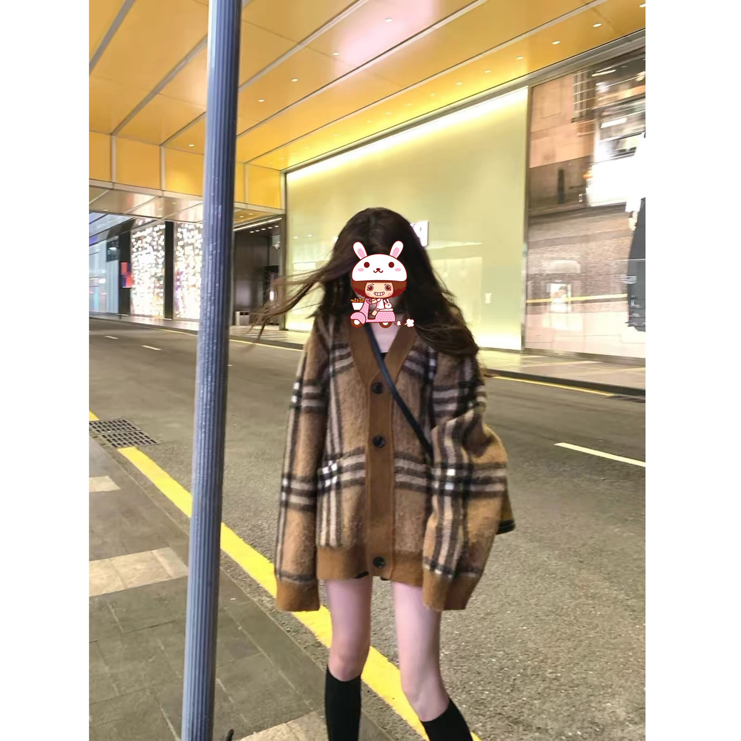 韩版高~老钱风复古V领格子毛衣外套女慵懒风马海毛针织开衫上衣定