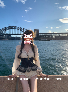 【拜庭占】宫廷风性感V领上衣+半裙+鱼骨腰封懒你懒的套装lanl女