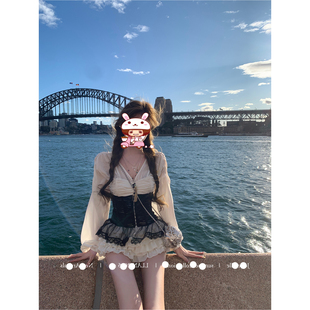 【拜庭占】宫廷风性感V领上衣+半裙+鱼骨腰封懒你懒的套装lanl女