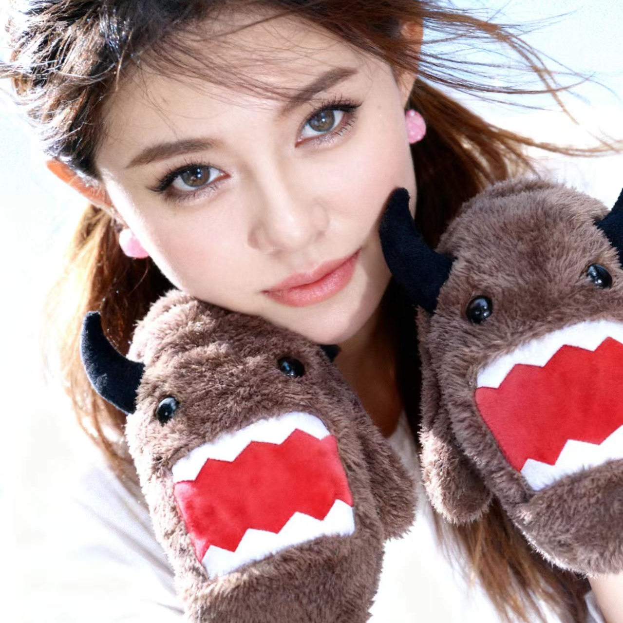 冬季手套女加绒加厚韩版全包连指学生保暖防风防寒可爱毛绒手套