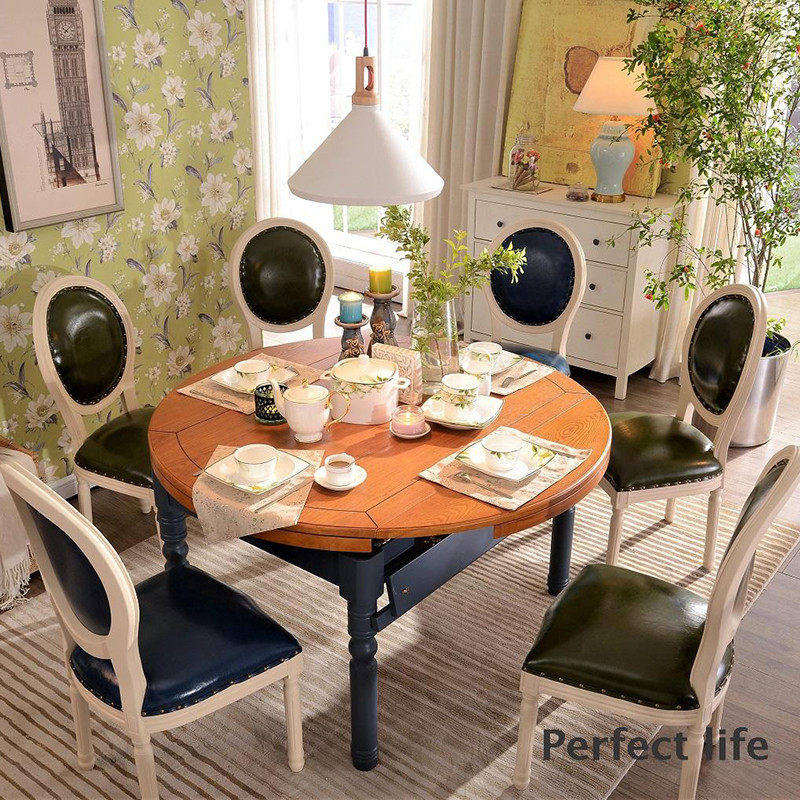 餐桌椅组合美式简约实木餐厅地中海可伸缩多功能圆饭桌小户型餐台