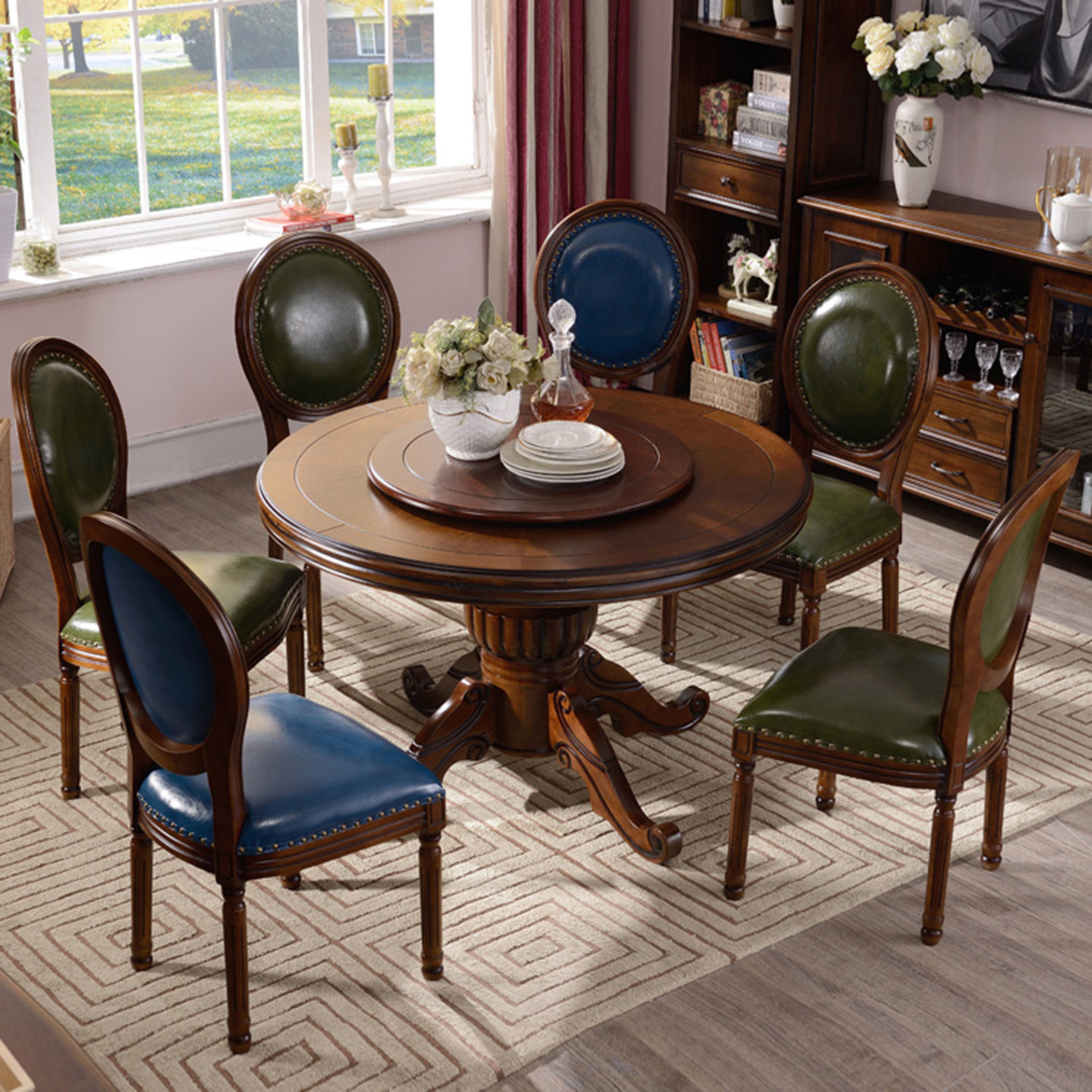 美式乡村经典轻奢带转盘餐桌椅组合吃饭桌子家用10人实木圆形餐桌