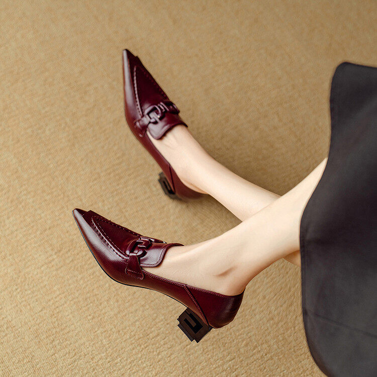 欧版大牌尖头软羊皮女鞋舒适粗跟单鞋 5cm中高跟鞋安哥拉红真皮鞋