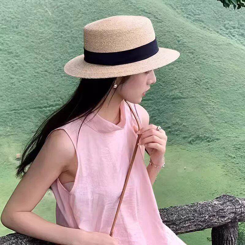 平顶草帽女夏季海边防晒沙滩度假太阳帽法式毛边宽檐草编遮阳帽子