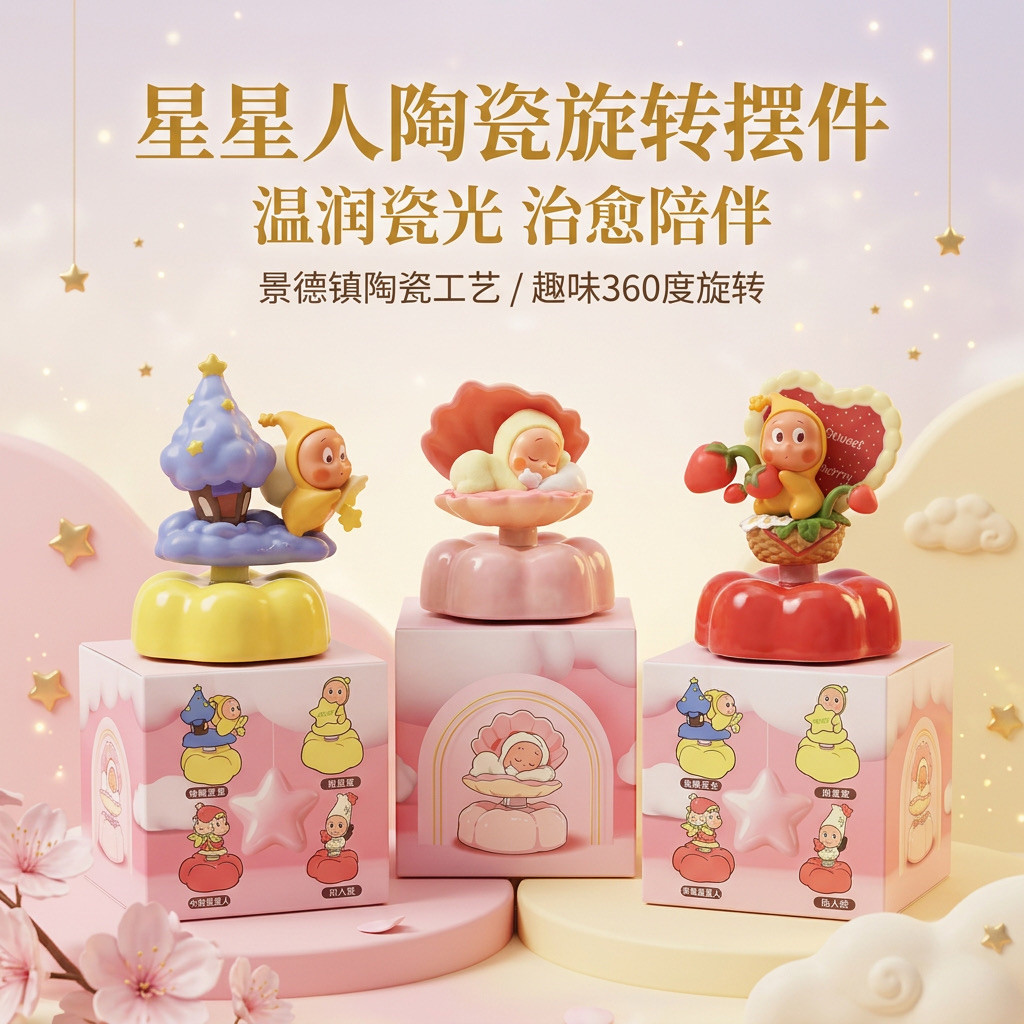 星星人景德镇陶瓷转转娃娃摆件卡通粉色礼品包装盒伴手礼生日礼物