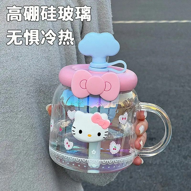 Kitty女夏把手玻璃吸管杯