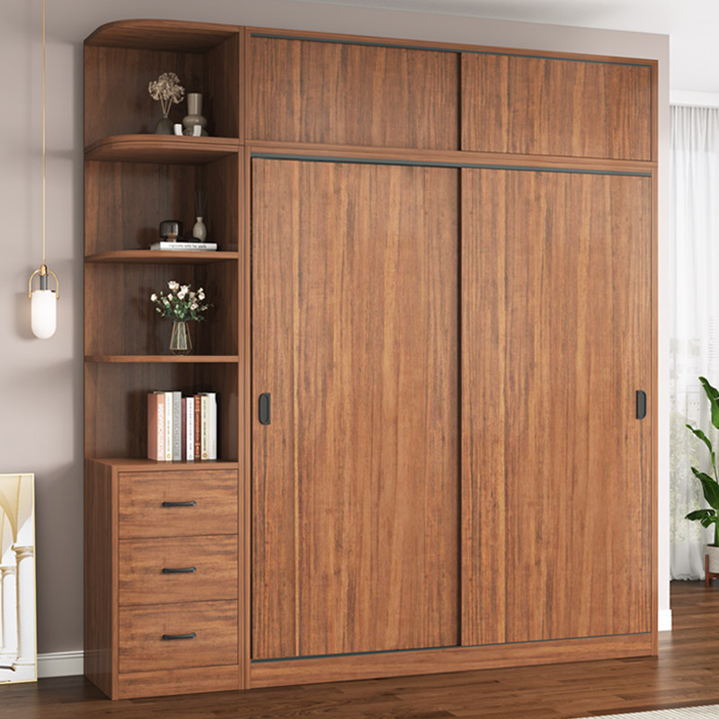 推拉门衣柜家用卧室实木定制中古风2026新款滑移门大衣橱储物柜子