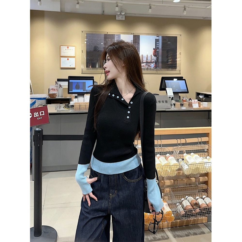 拼接撞色设计感翻领打底毛衣女秋冬季修身显瘦气质加厚内搭针织衫