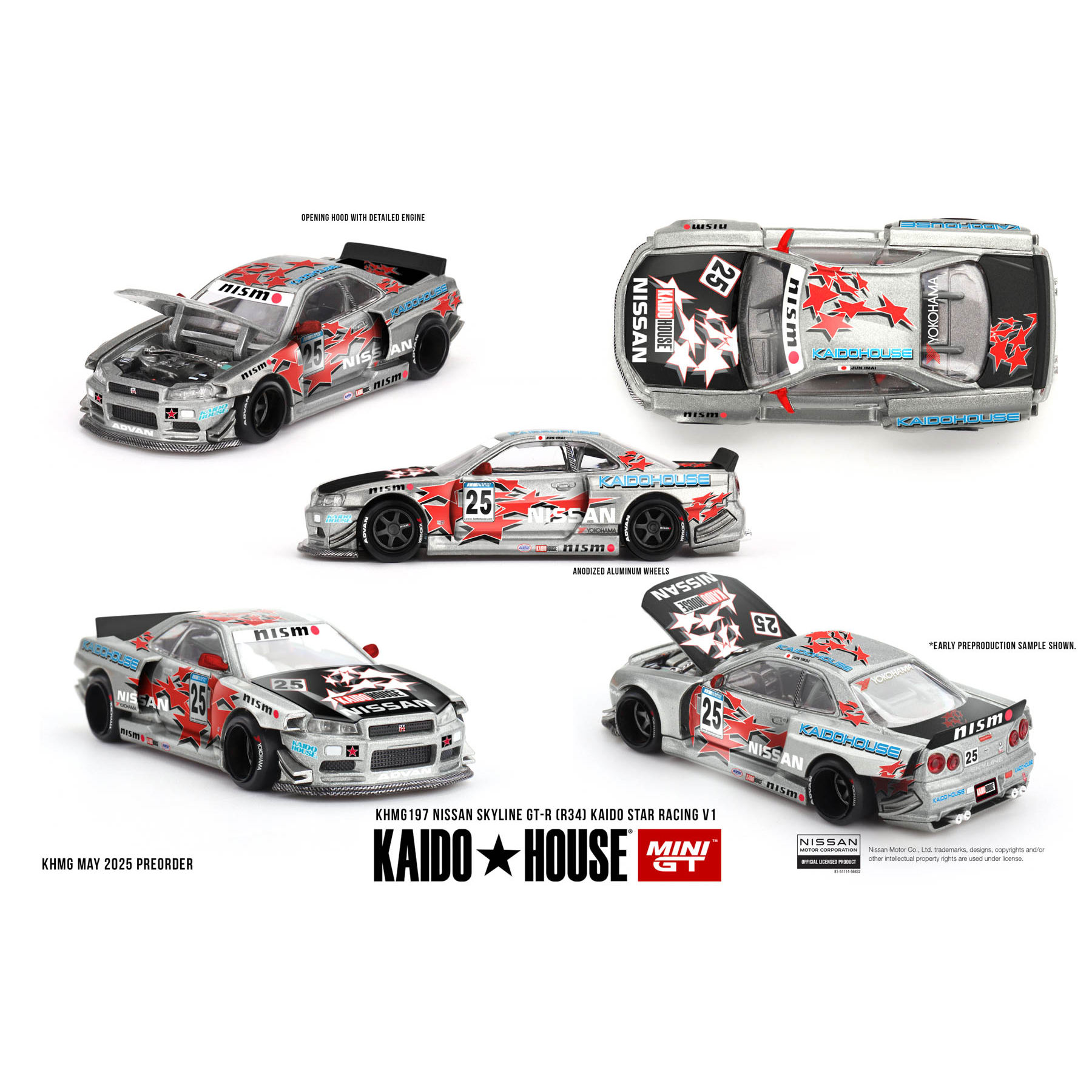 新定Kaido MINIGT1:64尼桑GTR R34 Kaido Star Racing V1合金车模