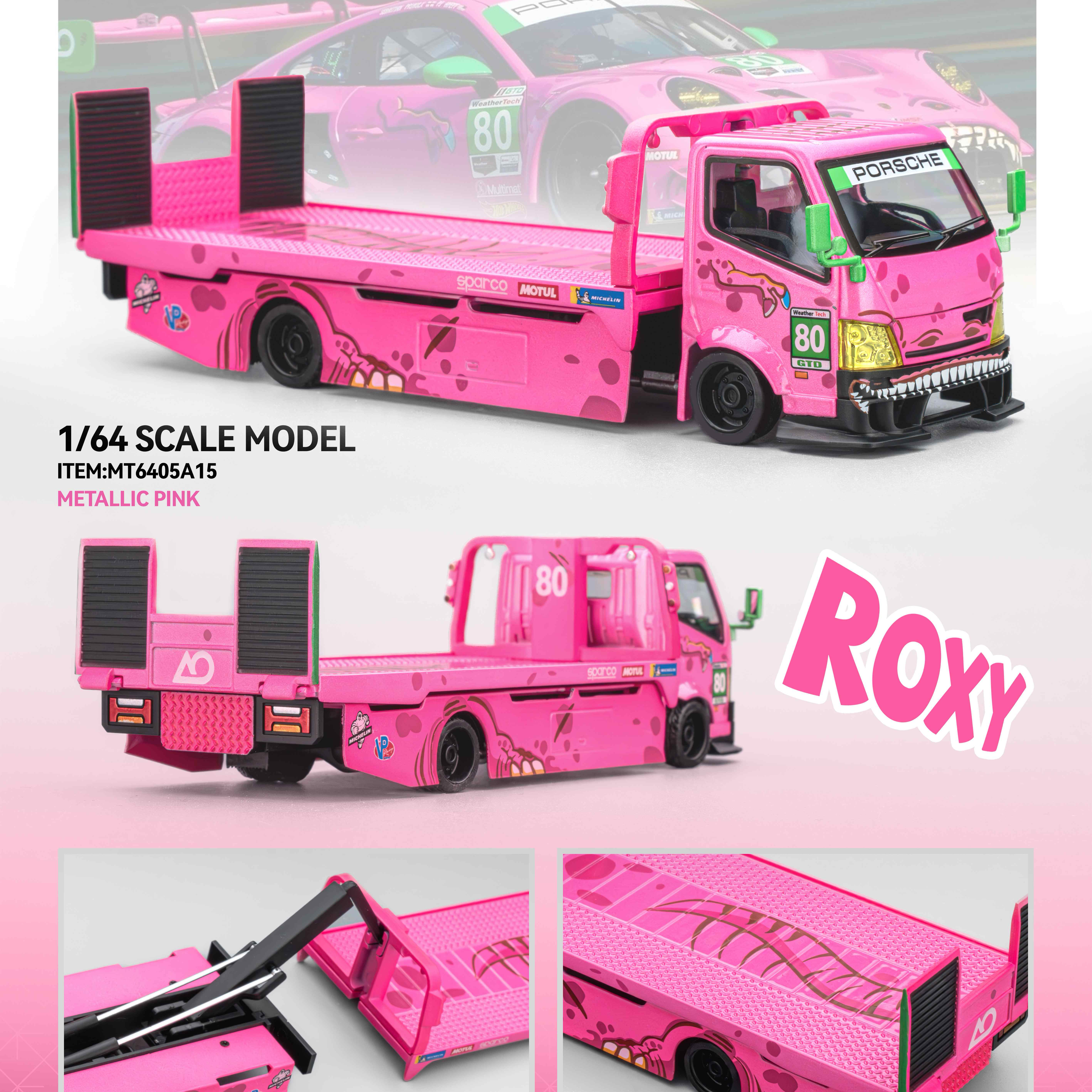 定 Micro Turbo MT 1:64 全落地平板改装拖车粉恐龙涂装 合金车模