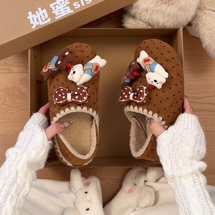 雪地靴卡通毛毛勃肯拖鞋女外穿2025冬新款波点居家加绒厚底棉拖鞋