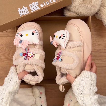 面包鞋可爱卡通HelloKitty毛绒雪地靴女外穿冬季厚底保暖短靴棉鞋