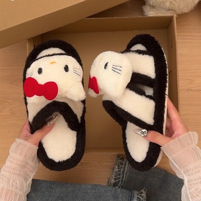 hellokitty棉拖鞋女2025新款冬季外穿保暖防滑厚底一脚蹬毛毛拖鞋